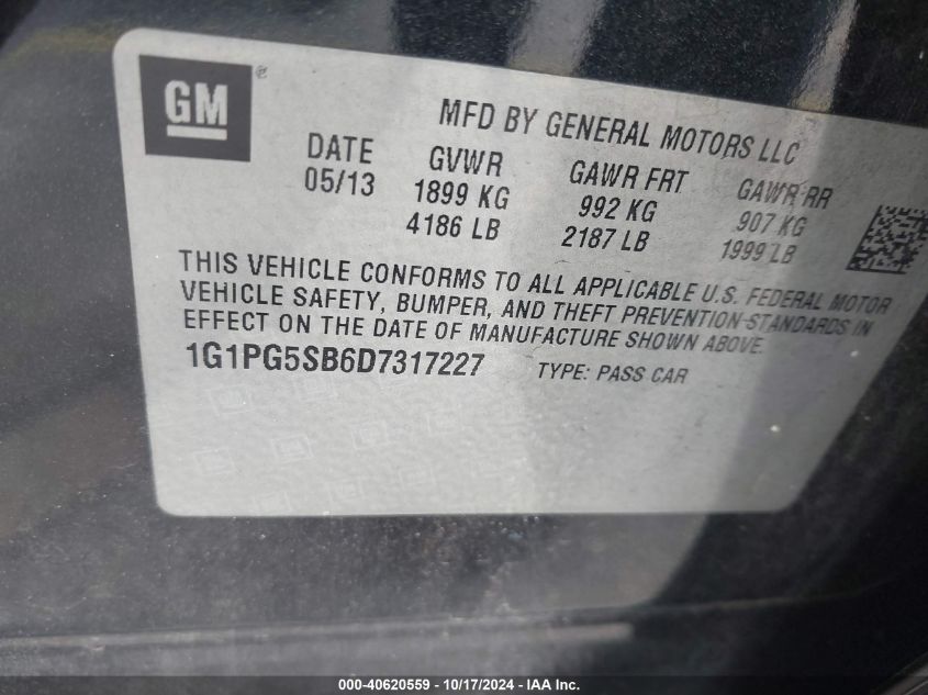 2013 Chevrolet Cruze Ltz VIN: 1G1PG5SB6D7317227 Lot: 40620559