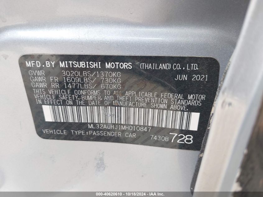 2021 Mitsubishi Mirage Carbonite Edition/Es/Le VIN: ML32AUHJ1MH010847 Lot: 40620610