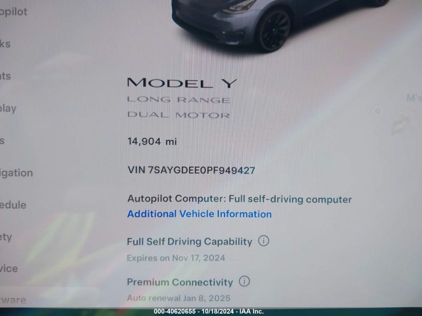 2023 Tesla Model Y Awd/Long Range Dual Motor All-Wheel Drive VIN: 7SAYGDEE0PF949427 Lot: 40620655