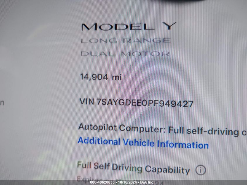 2023 Tesla Model Y Awd/Long Range Dual Motor All-Wheel Drive VIN: 7SAYGDEE0PF949427 Lot: 40620655