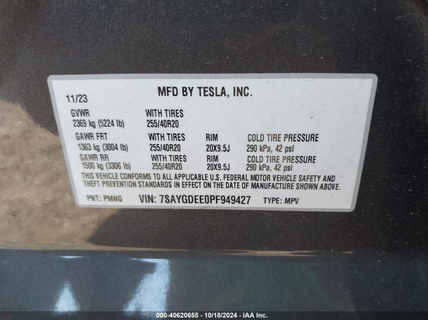 2023 Tesla Model Y Awd/Long Range Dual Motor All-Wheel Drive VIN: 7SAYGDEE0PF949427 Lot: 40620655