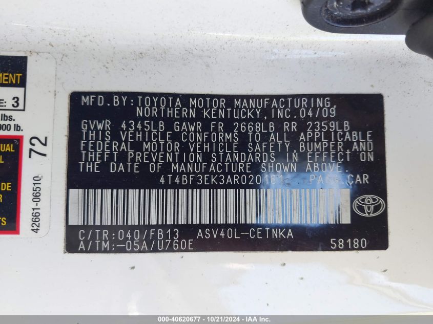 2010 Toyota Camry VIN: 4T4BF3EK3AR020161 Lot: 40620677