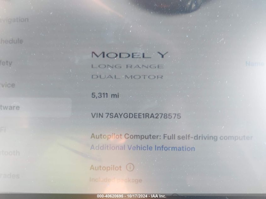 2024 Tesla Model Y Long Range Dual Motor All-Wheel Drive VIN: 7SAYGDEE1RA278575 Lot: 40620695