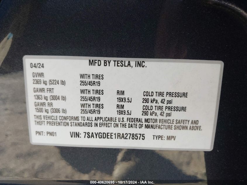 2024 Tesla Model Y Long Range Dual Motor All-Wheel Drive VIN: 7SAYGDEE1RA278575 Lot: 40620695