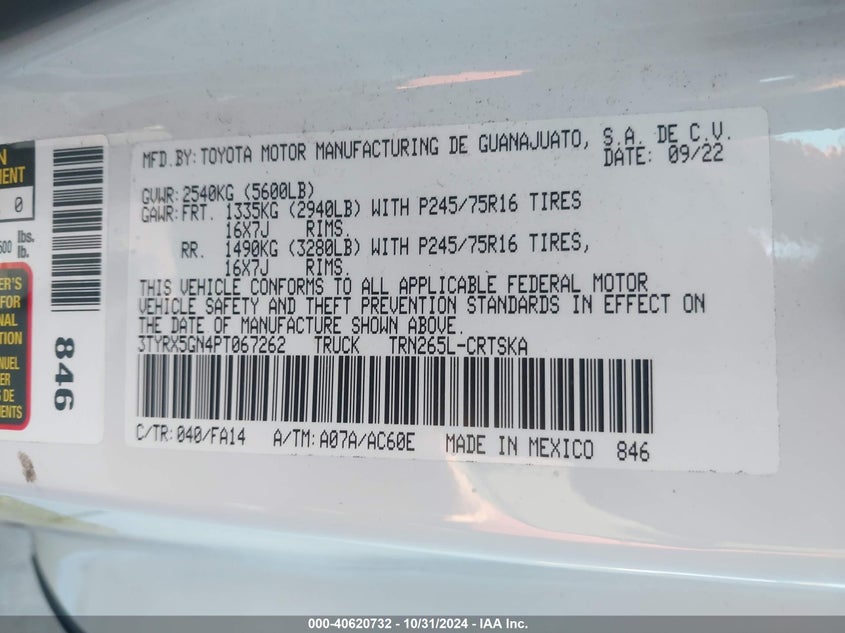 VIN 3TYRX5GN4PT067262 2023 TOYOTA TACOMA SR