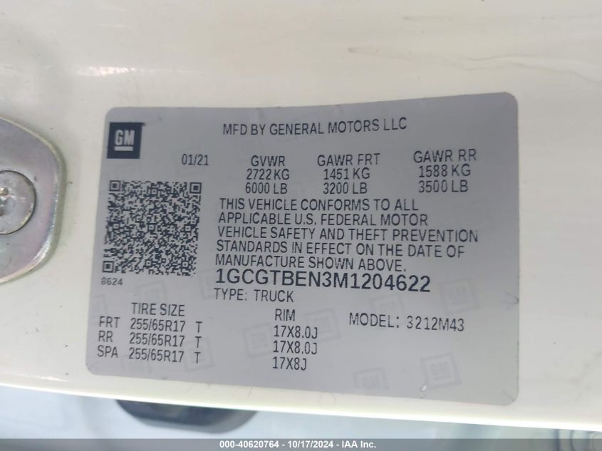 VIN 1GCGTBEN3M1204622 2021 CHEVROLET COLORADO 4WD  SHORT BOX WT
