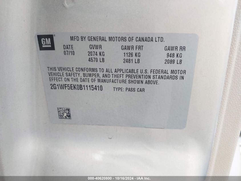 2011 Chevrolet Impala Ls VIN: 2G1WF5EK0B1115410 Lot: 40620800