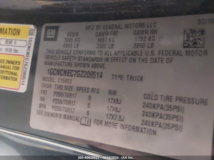 2016 CHEVROLET SILVERADO 1500 VIN: 1GCNCNEC7GZ209514