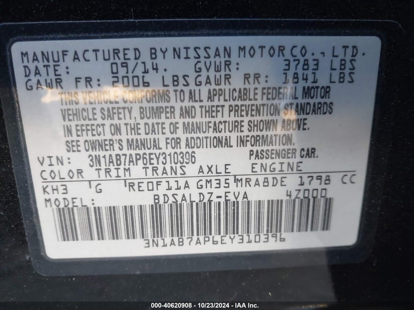 2014 Nissan Sentra Sv VIN: 3N1AB7AP6EY310396 Lot: 40620908