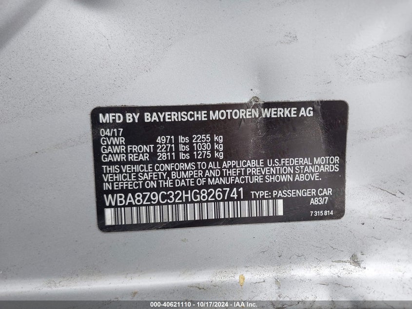 VIN WBA8Z9C32HG826741 2017 BMW 3 SERIES 330I XDRIVE