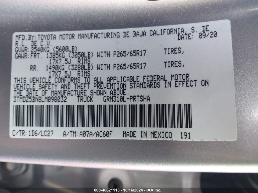 2020 Toyota Tacoma Trd Sport VIN: 3TMDZ5BN8LM098032 Lot: 40621113