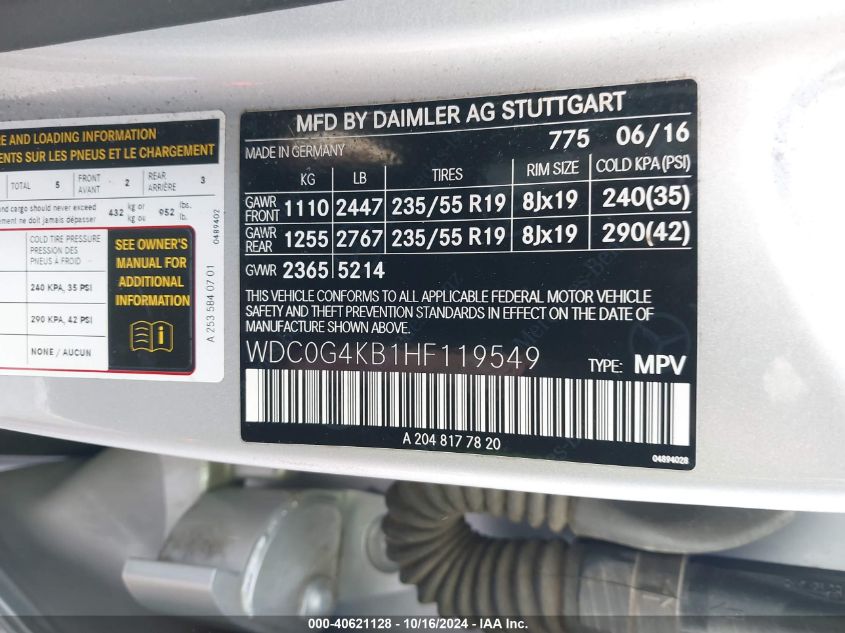 2017 Mercedes-Benz Glc 300 4Matic VIN: WDC0G4KB1HF119549 Lot: 40621128