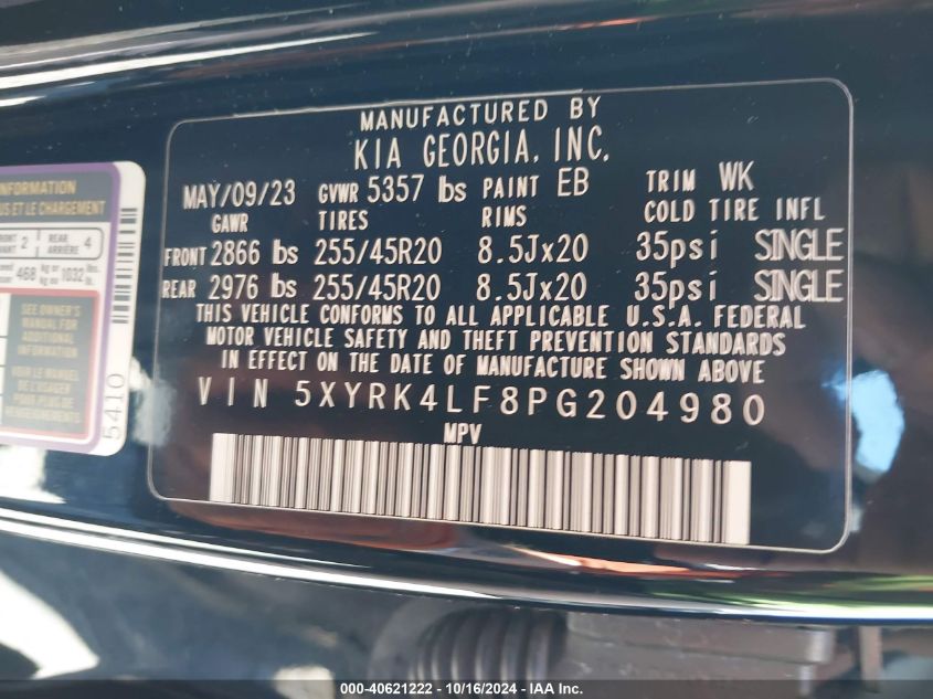 VIN 5XYRK4LF8PG204980 2023 KIA Sorento, SX no.9