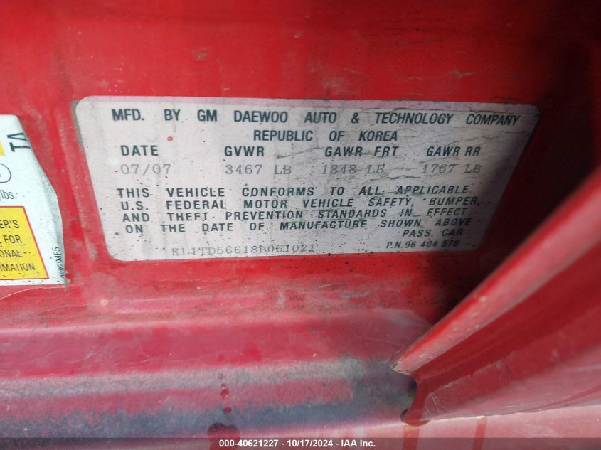 2008 Chevrolet Aveo Ls VIN: KL1TD56618B061021 Lot: 40621227