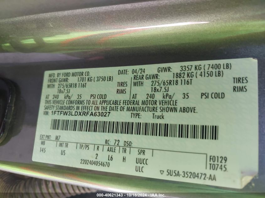 2024 Ford F-150 Xlt VIN: 1FTFW3LDXRFA63027 Lot: 40621343