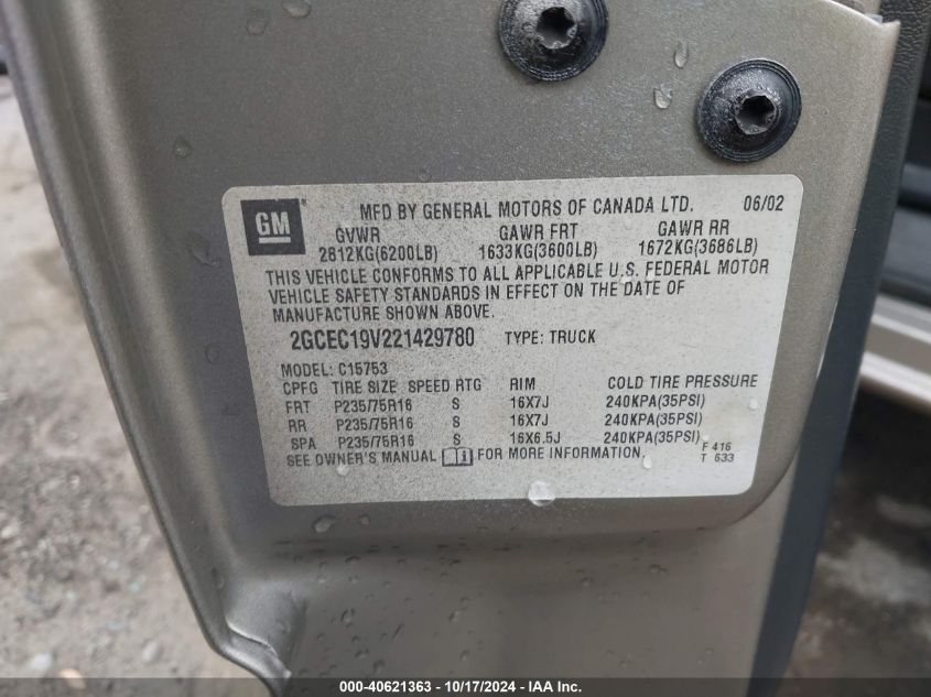 2002 Chevrolet Silverado C1500 VIN: 2GCEC19V221429780 Lot: 40621363