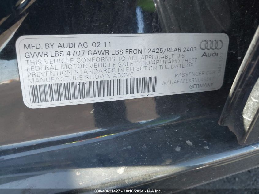 2011 Audi A4 2.0T Premium VIN: WAUAFAFLXBN045847 Lot: 40621427