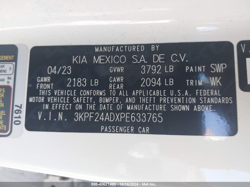 2023 Kia Forte Lxs VIN: 3KPF24ADXPE633765 Lot: 40621460