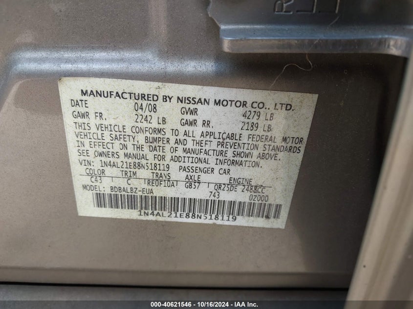 2008 Nissan Altima 2.5 S VIN: 1N4AL21E88N518119 Lot: 40621546