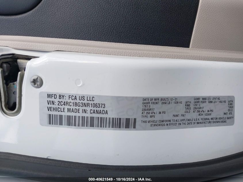 2022 Chrysler Pacifica Touring L VIN: 2C4RC1BG3NR106373 Lot: 40621549