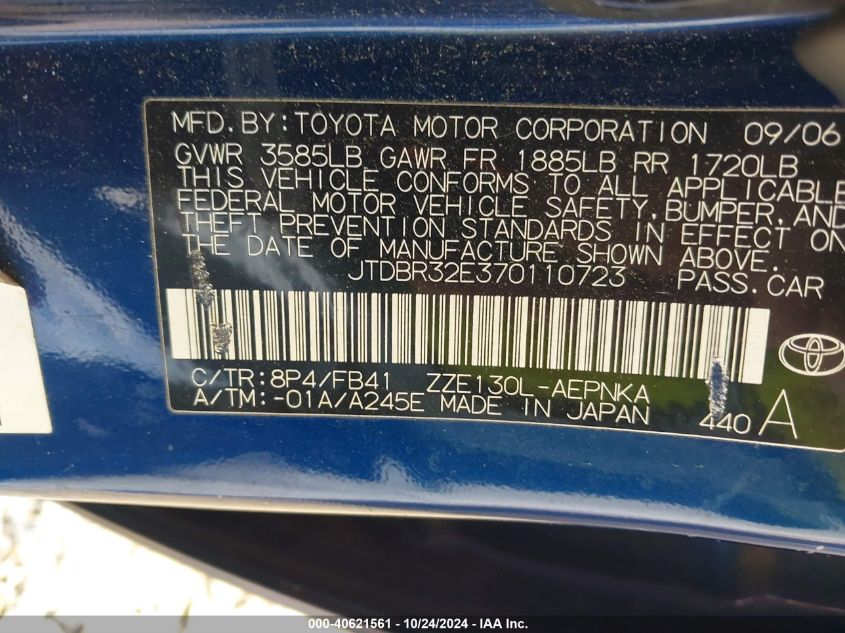 2007 Toyota Corolla Le VIN: JTDBR32E370110723 Lot: 40621561