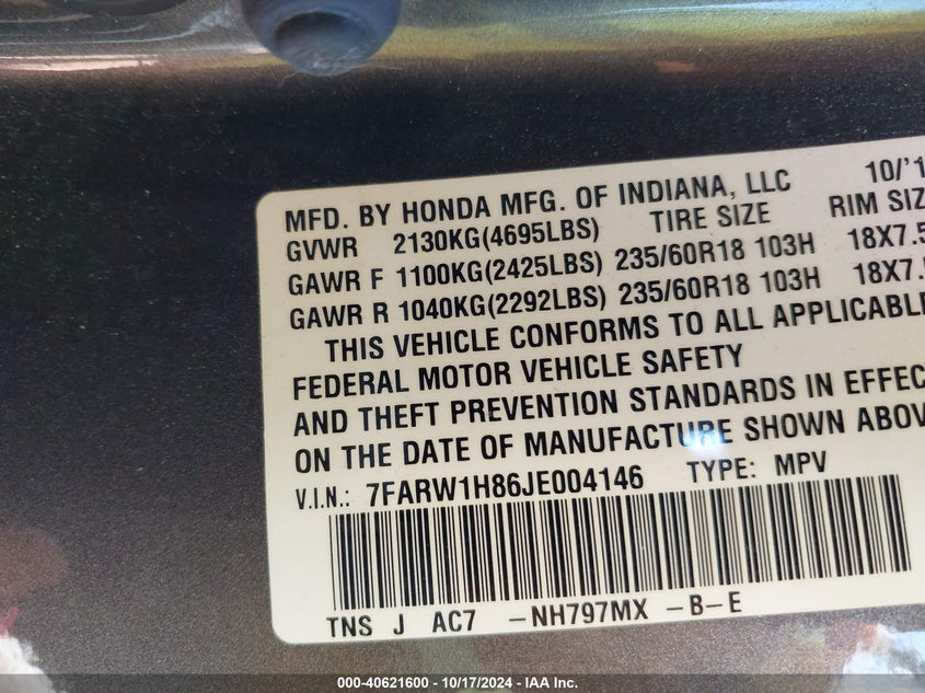 2018 HONDA CR-V EX-L/EX-L NAVI - 7FARW1H86JE004146