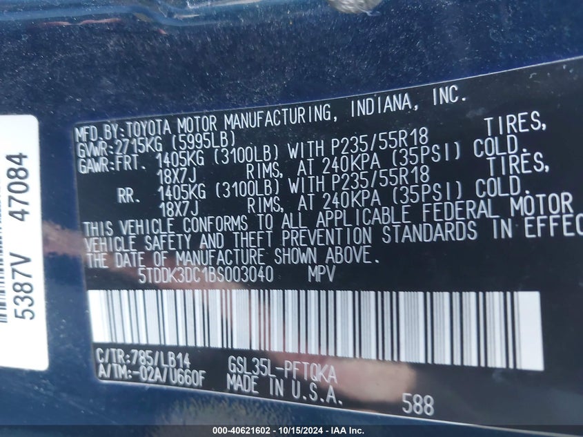 2011 Toyota Sienna Xle/Limited VIN: 5TDDK3DC1BS003040 Lot: 40621602