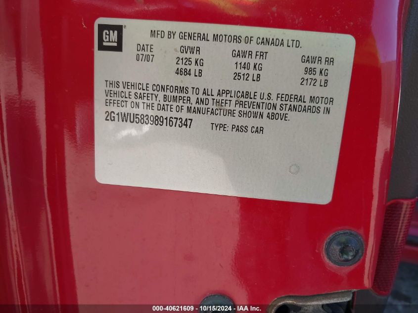 2008 Chevrolet Impala Ltz VIN: 2G1WU583989167347 Lot: 40621609
