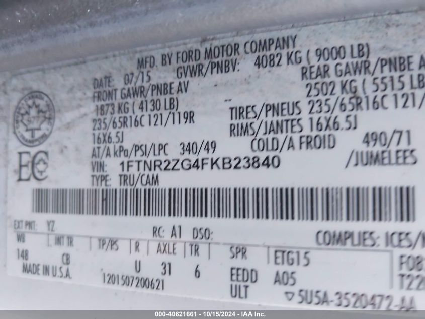 2015 Ford Transit-250 VIN: 1FTNR2ZG4FKB23840 Lot: 40621661