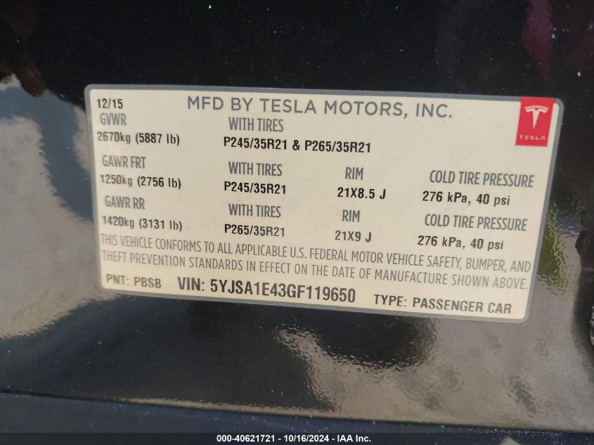 2016 Tesla Model S 90D/P100D/P85D/P90D VIN: 5YJSA1E43GF119650 Lot: 40621721