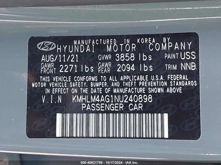 2022 Hyundai Elantra Sel VIN: KMHLM4AG1NU240898 Lot: 40621759