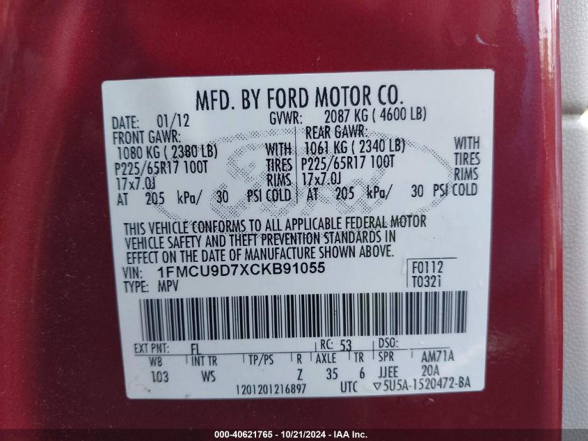 2012 Ford Escape Xlt VIN: 1FMCU9D7XCKB91055 Lot: 40621765