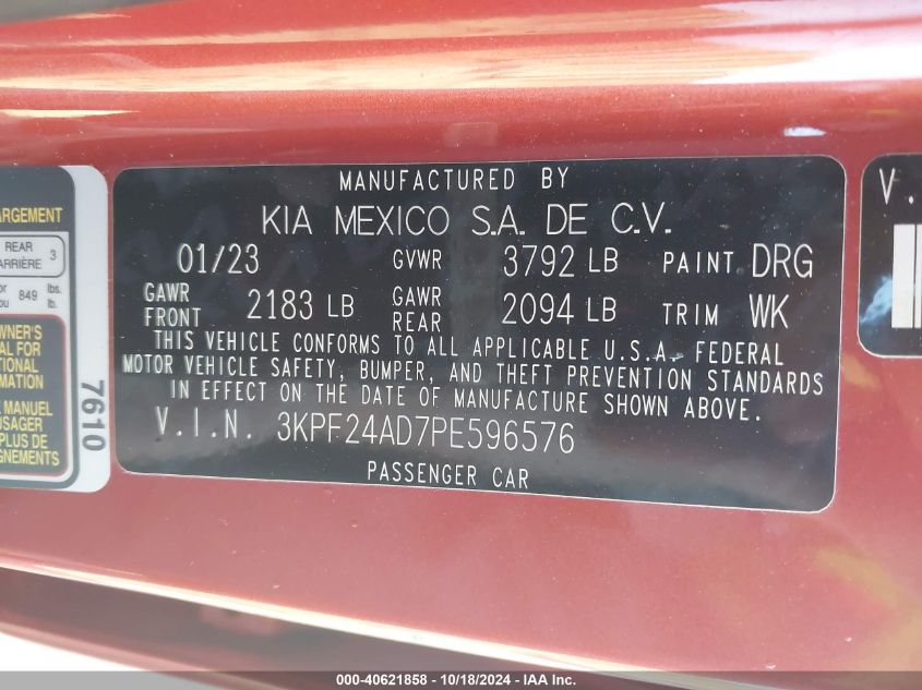 2023 Kia Forte Lxs VIN: 3KPF24AD7PE596576 Lot: 40621858