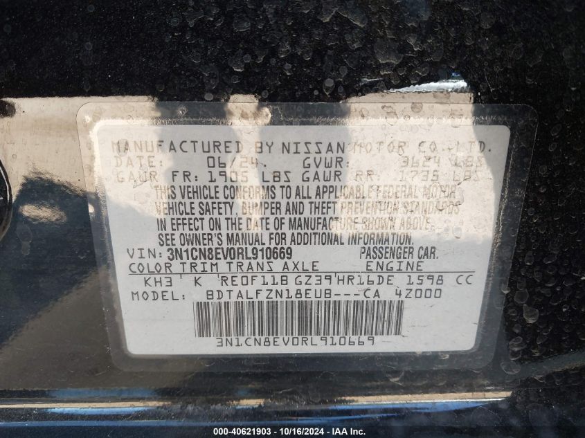 2024 Nissan Versa 1.6 Sv VIN: 3N1CN8EV0RL910669 Lot: 40621903