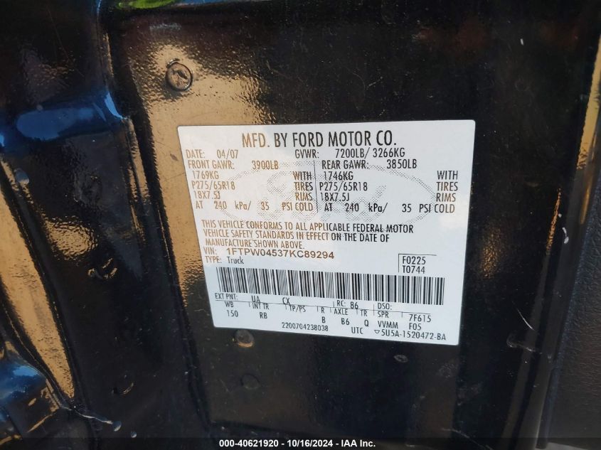 2007 Ford F-150 Fx4/Xlt VIN: 1FTPW04537KC89294 Lot: 40621920