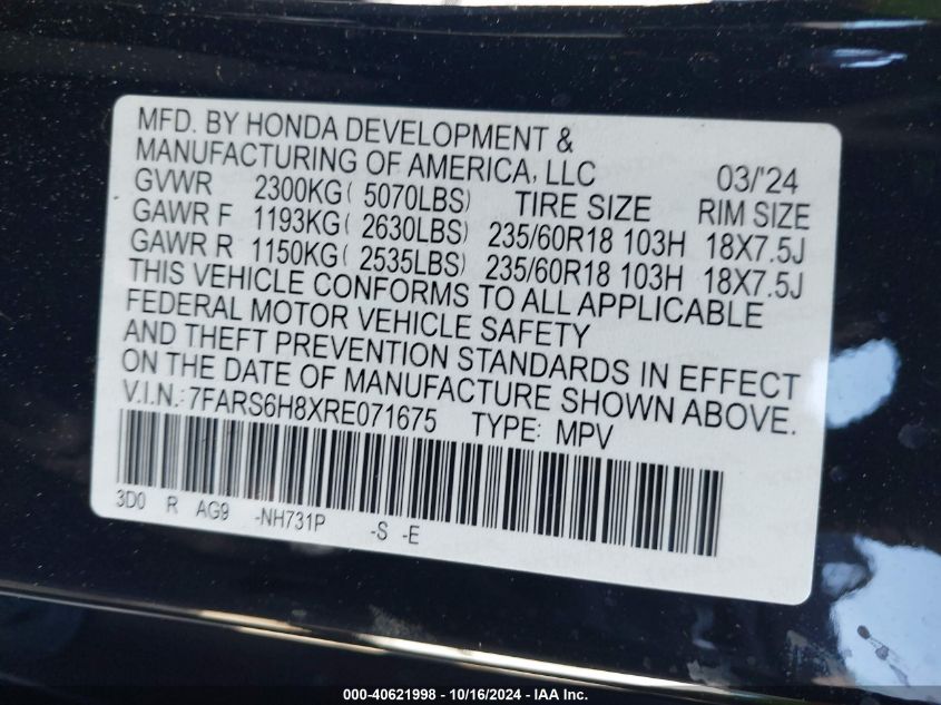 2024 Honda Cr-V Hybrid Sport-L VIN: 7FARS6H8XRE071675 Lot: 40621998