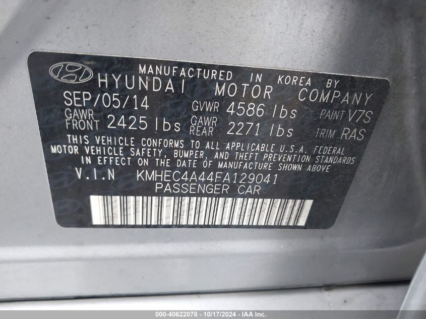 2015 Hyundai Sonata Hybrid Limited VIN: KMHEC4A44FA129041 Lot: 40622078