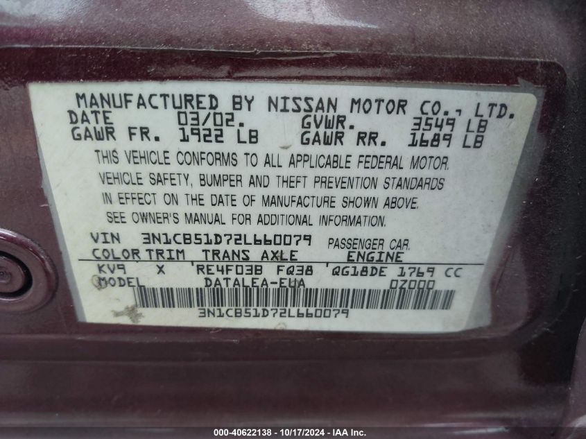 2002 Nissan Sentra Gxe VIN: 3N1CB51D72L660079 Lot: 40622138