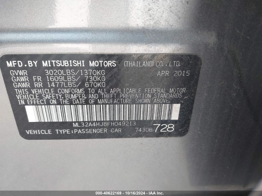 2015 Mitsubishi Mirage Es/Rf VIN: ML32A4HJ8FH049213 Lot: 40622169