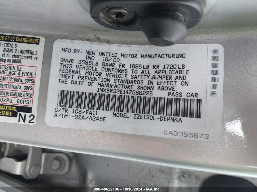 2004 Toyota Corolla Le VIN: 1NXBR32E14Z266226 Lot: 40622196