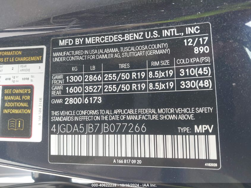 2018 Mercedes-Benz Gle 350 VIN: 4JGDA5JB7JB077266 Lot: 40622239