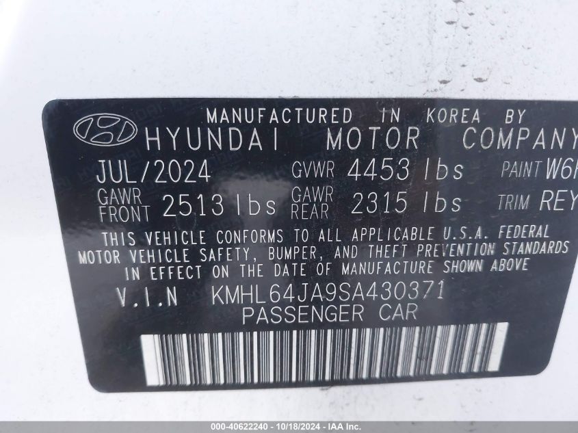 2025 Hyundai Sonata Sel VIN: KMHL64JA9SA430371 Lot: 40622240