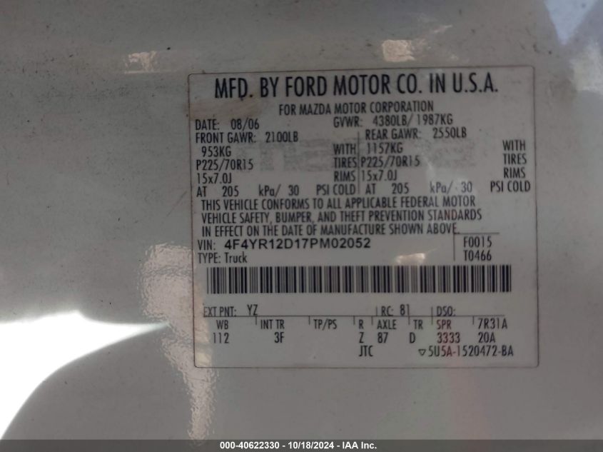 2007 Mazda B2300 VIN: 4F4YR12D17PM02052 Lot: 40622330