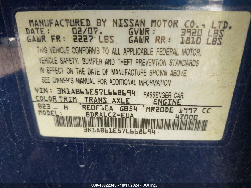 2007 Nissan Sentra 2.0 VIN: 3N1AB61E57L668694 Lot: 40622345