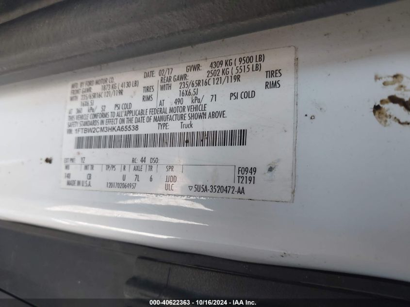 2017 Ford Transit-350 VIN: 1FTBW2CM3HKA65538 Lot: 40622363