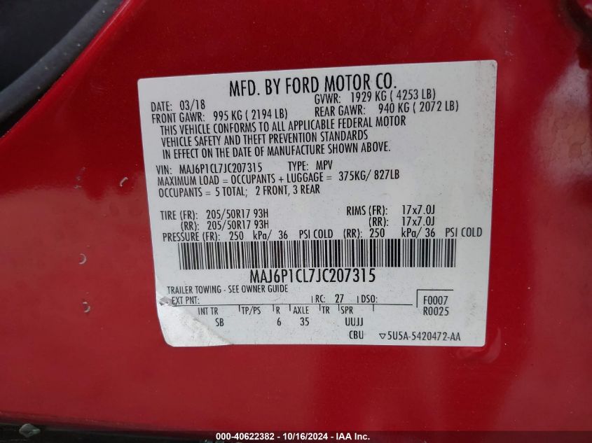 2018 Ford Ecosport Ses VIN: MAJ6P1CL7JC207315 Lot: 40622382