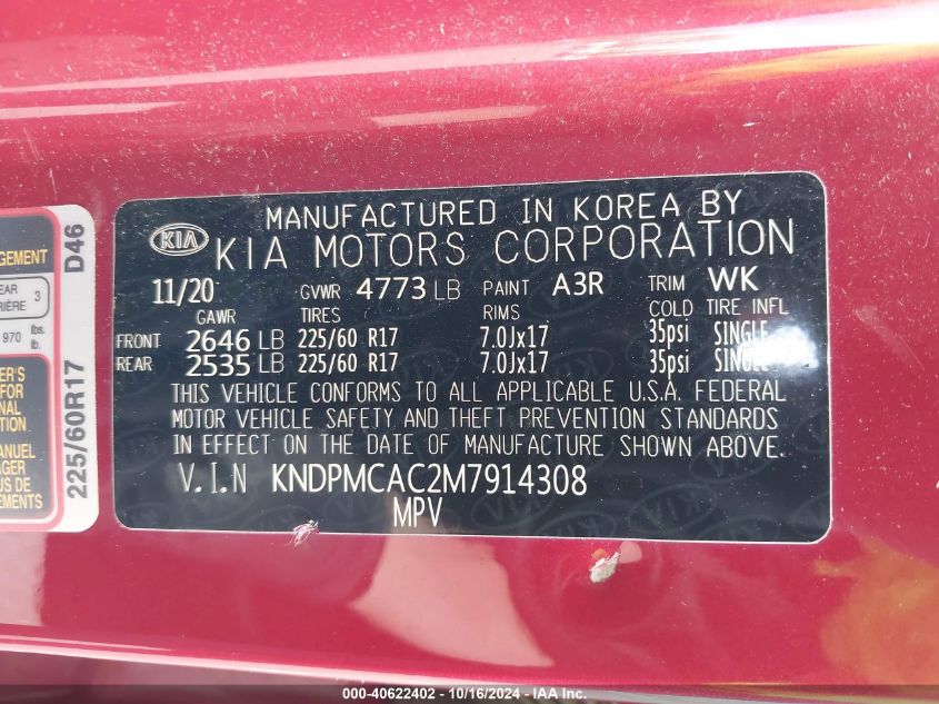 2021 Kia Sportage Lx VIN: KNDPMCAC2M7914308 Lot: 40622402