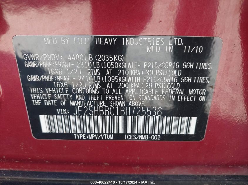 2011 Subaru Forester 2.5X VIN: JF2SHBBC1BH725536 Lot: 40622419