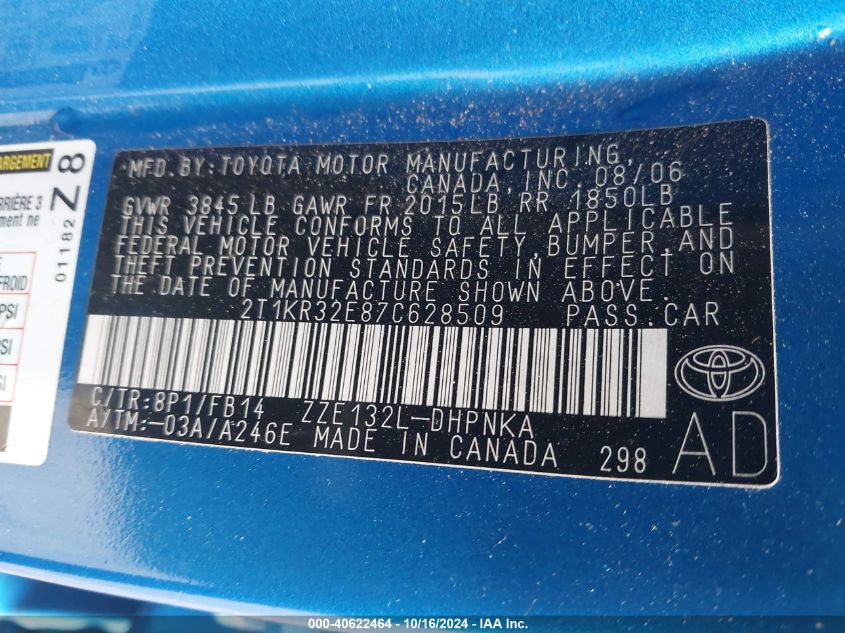 2007 Toyota Matrix Xr VIN: 2T1KR32E87C628509 Lot: 40622464