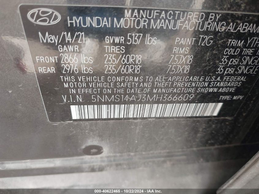 2021 Hyundai Santa Fe Se VIN: 5NMS14AJ3MH366609 Lot: 40622465